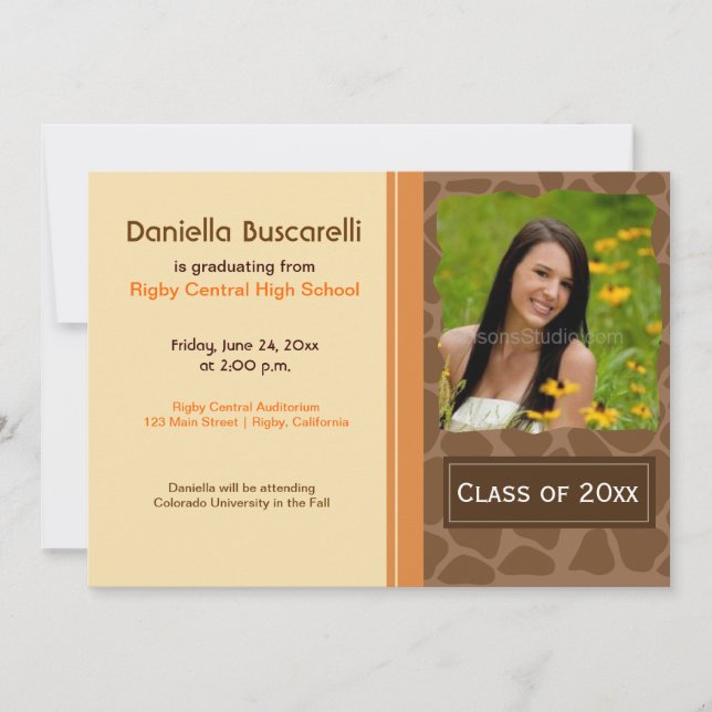 GIRAFFE PRINT GRADUATION ANNOUNCEMENT Orange/Brown (Front)