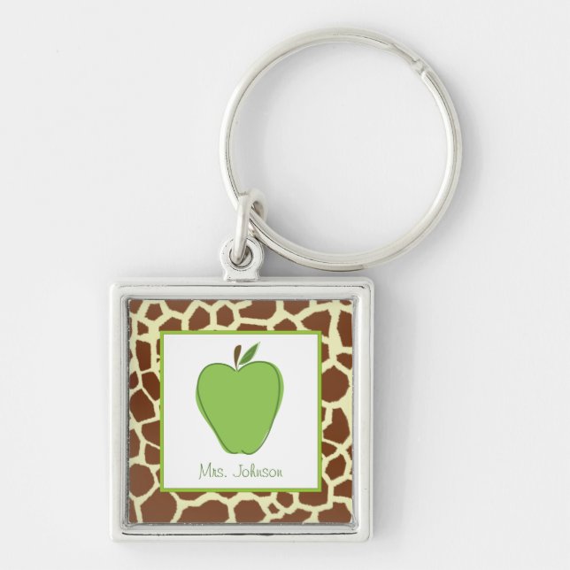 Giraffe Print Green Apple Personalised Teacher Key Ring (Front)