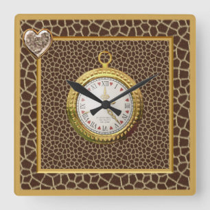 Giraffe Print, Heart Jewel & Gold Watch Square Wall Clock