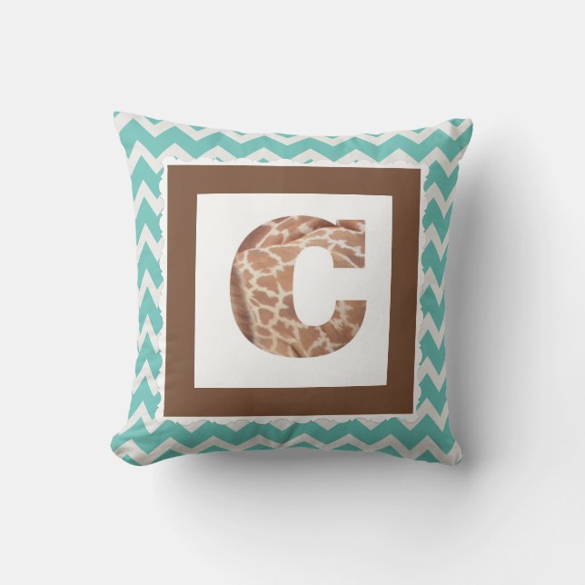 Giraffe Print Letter "C" on Mint/White Chevron Cushion (Front)
