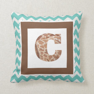 Giraffe Print Letter "C" on Mint/White Chevron Cushion
