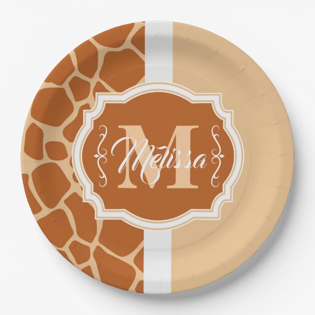 Giraffe Print Monogram Paper Plate (Front)