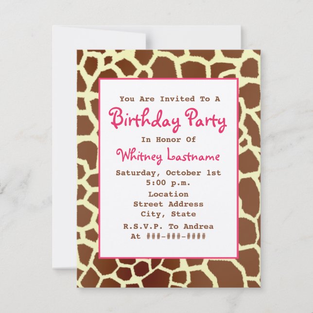 Giraffe Print & Pink Birthday Party Invitation (Front)