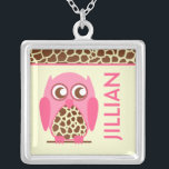 Giraffe Print & Pink Owl Personalised Necklace<br><div class="desc">A necklace featuring an illustration of a giraffe print and pink owl.  Matching border at top.  Personalise with your name at right in pink.  Look for matching items at Jill's Paperie.</div>