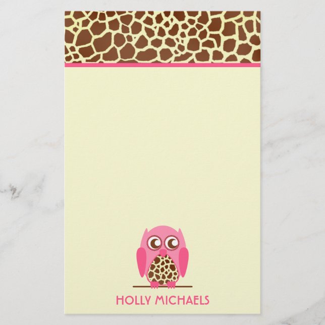 Giraffe Print & Pink Owl Stationery (Front)
