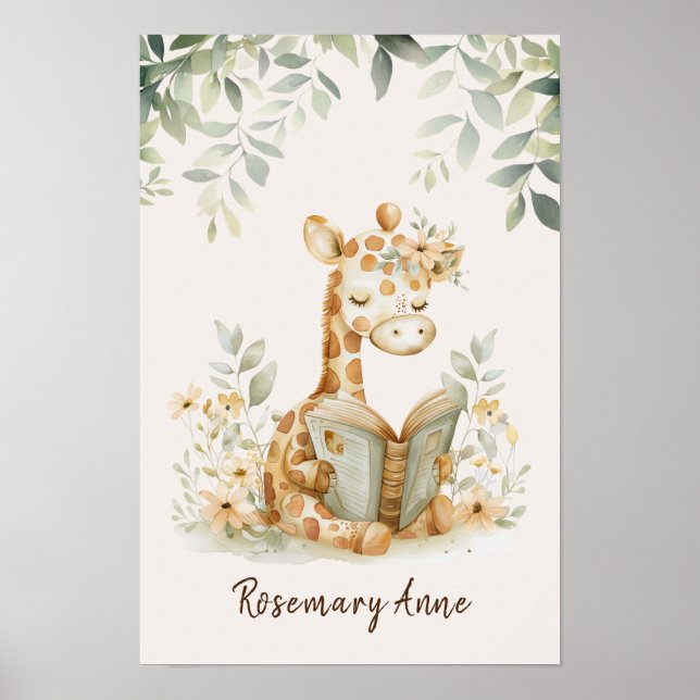 Giraffe Reading Books Nursery Jungle Animal  Poster (Front)