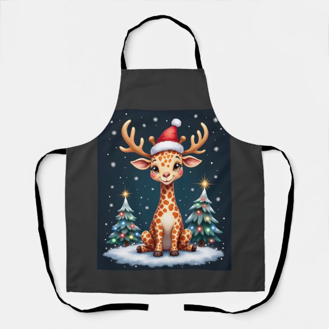 Giraffe Reindeer Hat Santa Christmas Tree Funny Xm Apron (Front)