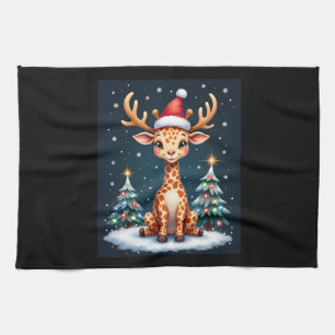 Giraffe Reindeer Hat Santa Christmas Tree Funny Xm Tea Towel