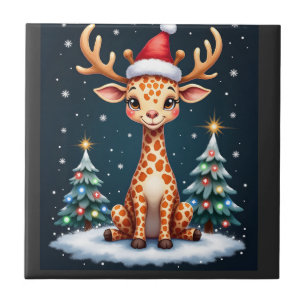 Giraffe Reindeer Hat Santa Christmas Tree Funny Xm Tile