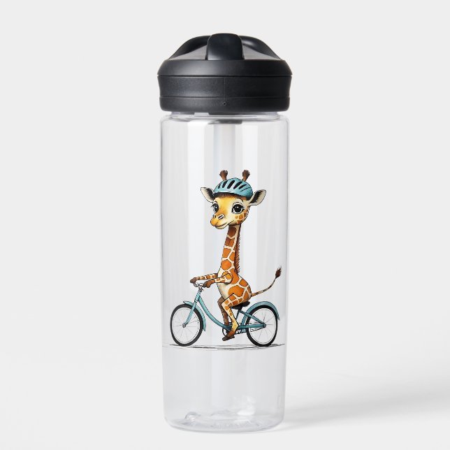 Giraffe Riding a Bicycle – Hand-Drawn Pencil Art Water Bottle (Front)