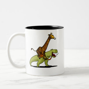 Giraffe Riding T-Rex Dinosaur Funny Animals Two-Tone Coffee Mug