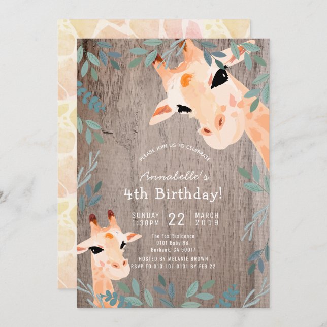 Giraffe Rustic Wood Greenery Birthday Invitation (Front/Back)