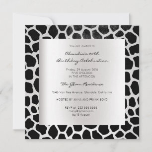 Giraffe Safari Animal Skin Black Silver Birthday Invitation