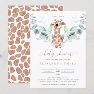 Giraffe Safari Eucalyptus Watercolor Baby Shower Invitation