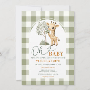 Giraffe Safari Jungle Baby Shower Green Gingham Invitation