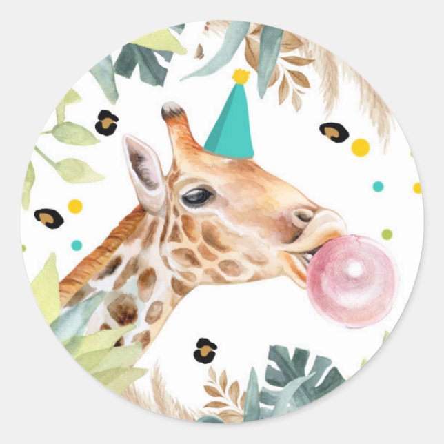 Giraffe Safari Party Animal Birthday Favour Decor Classic Round Sticker (Front)