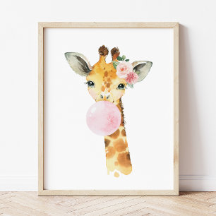 Giraffe, Safari, Pink Bubble Gum, Girl Nursery Photo Print