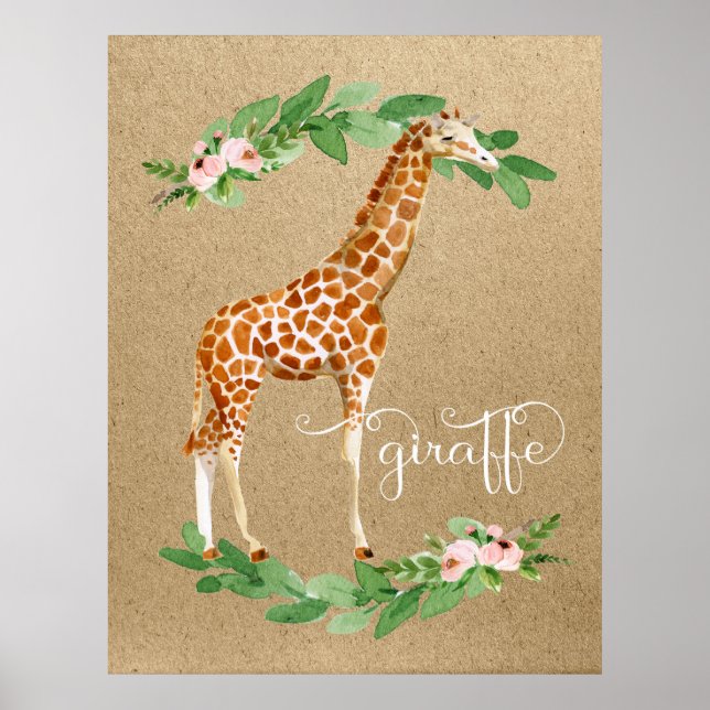 Giraffe Safari Pink Floral Girl's Nursery Art Poster (Front)