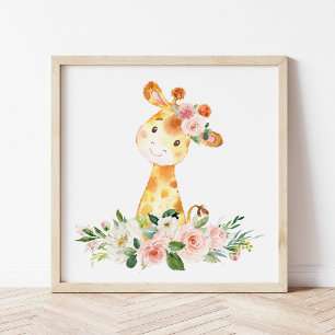 Giraffe, Safari, Pink Flowers, Girl Nursery Photo Print