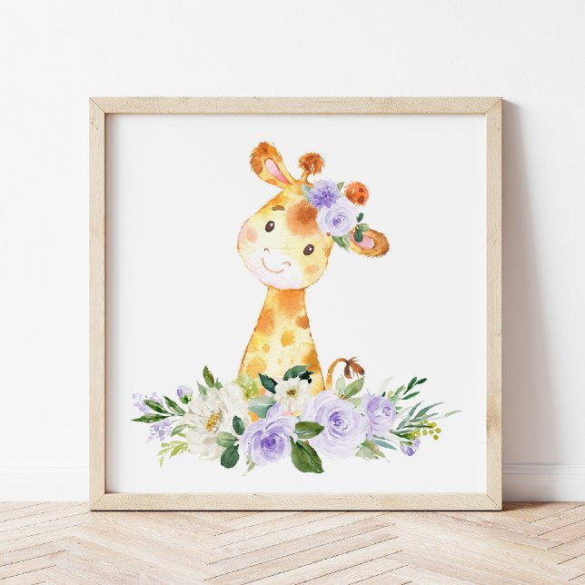 Giraffe, Safari, Purple Flowers, Gender Neutral Poster (Creator Uploaded)