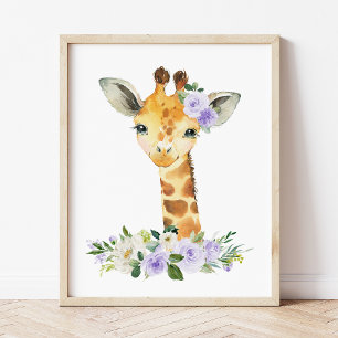 Giraffe, Safari, Purple Flowers, Gender Neutral Poster