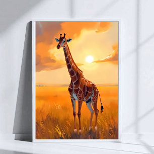 Giraffe Safari Sunset Animal Painting Poster