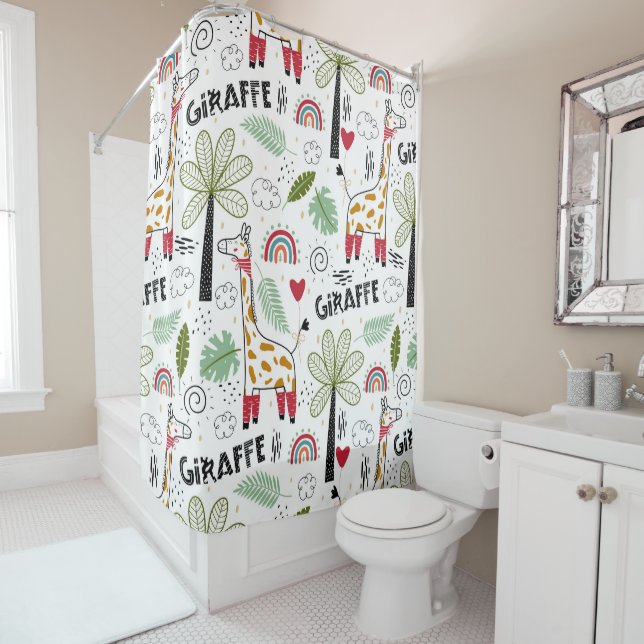 Giraffe Safari themed Palm Tree, Rainbow, doodle Shower Curtain (In Situ)