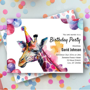Giraffe Safari Watercolor Animal Birthday Party Invitation