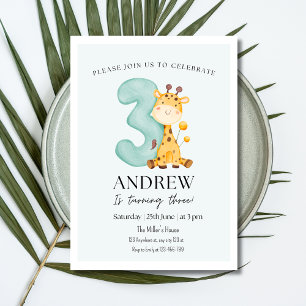 Giraffe Safari Zoo Animal 3rd Kids Birthday Invitation