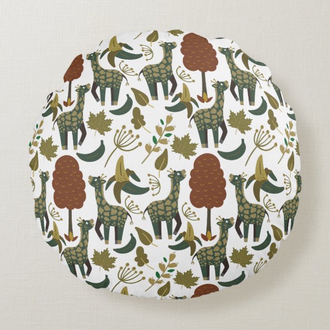 Giraffe seamless pattern | colourful floral patter round cushion (Front)