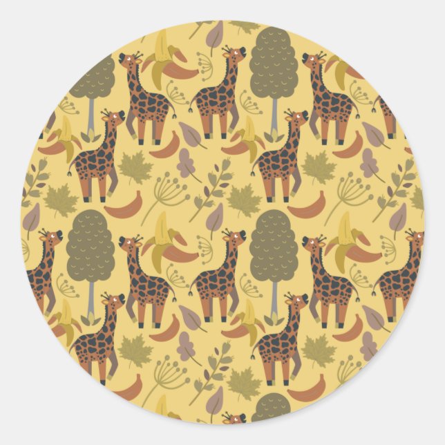 Giraffe seamless pattern yellow background classic round sticker (Front)
