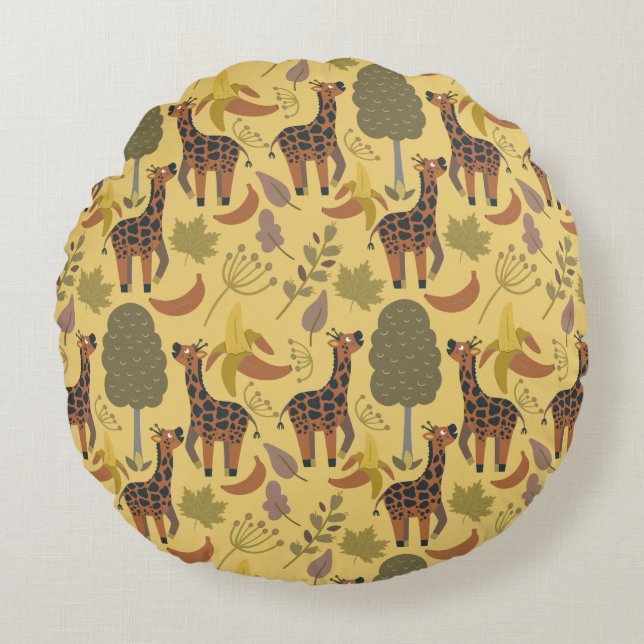 Giraffe seamless pattern yellow background round cushion (Front)