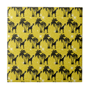 Giraffe Silhouette Tropical Palm Tree Leaves Zoo Tile