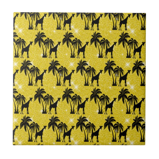 Giraffe Silhouette Tropical Palm Tree Leaves Zoo Tile (Front)