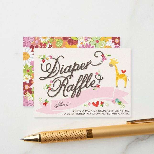 Giraffe Spring Flowers Diaper Raffle Ticket Card (Front/Back In Situ)