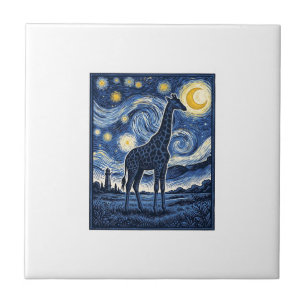 Giraffe Starry Night Vintage Tile