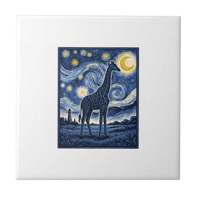 Giraffe Starry Night Vintage Tile (Front)