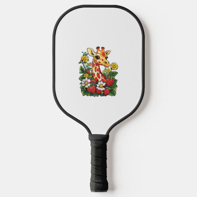 Giraffe Strawberries and Flowers Graphic Cute Gira Pickleball Paddle (Front)