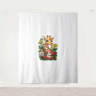 Giraffe Strawberries and Flowers Graphic Cute Gira Tapestry