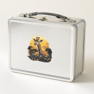 Giraffe Sunset Floral Animal Art Savanna Nature Wi Metal Lunch Box