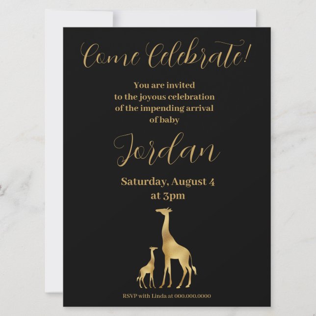 Giraffe Theme Baby Shower Black and Gold Invitation (Front)