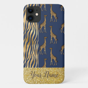 Giraffe & Tiger Print Gold Glitter Blue Name Case-Mate iPhone Case