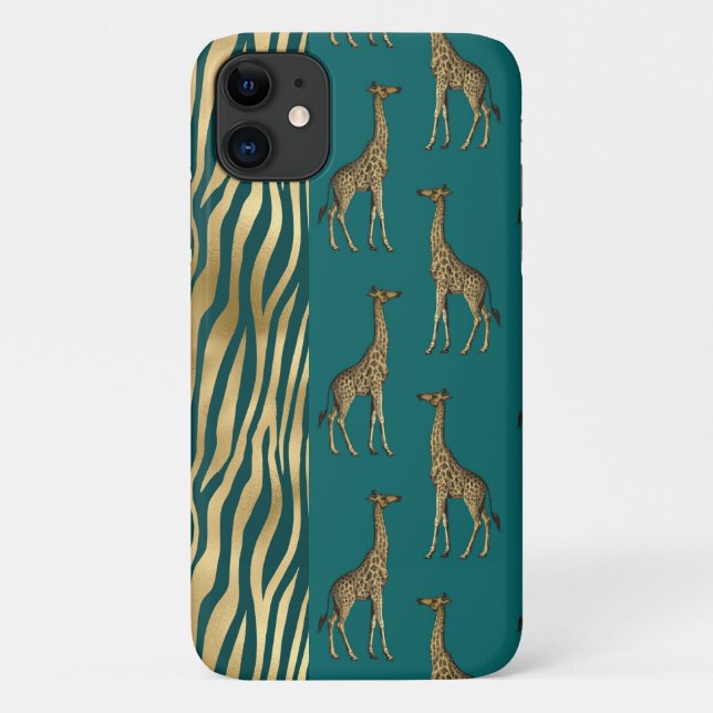 Giraffe & Tiger Print Gold Teal Pretty Chic Case-Mate iPhone Case (Back)