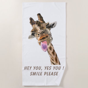 Giraffe Tongue Out and Playful Wink - Custom Text  Beach Towel