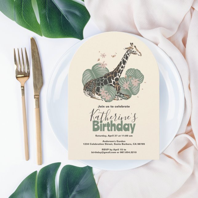 Giraffe Tropical Greenery Animal Birthday Party  Invitation (Creator Uploaded)