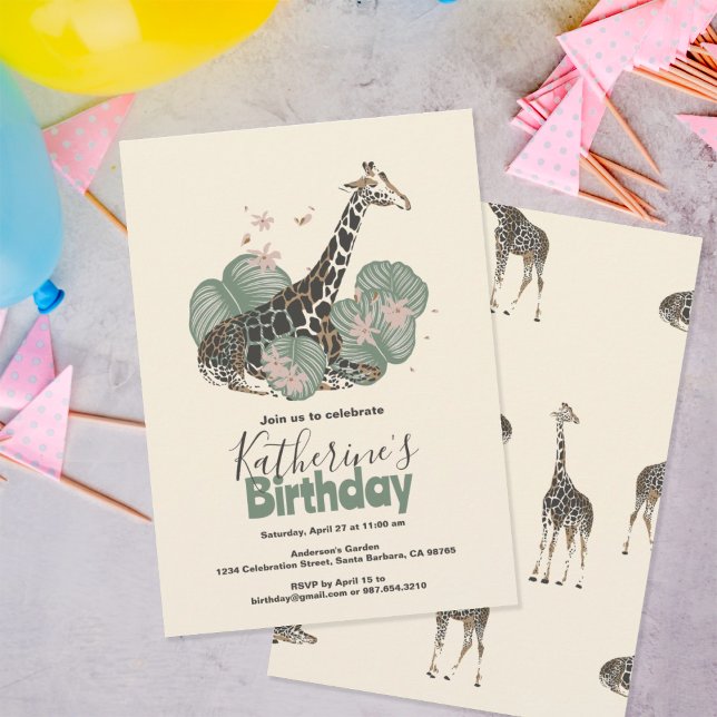 Giraffe Tropical Greenery Animal Birthday Party  Invitation (Creator Uploaded)