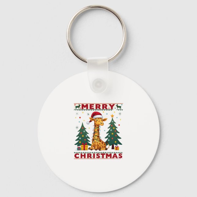 Giraffe Ugly Christmas Sweaters Funny Santa Hat Li Key Ring (Front)