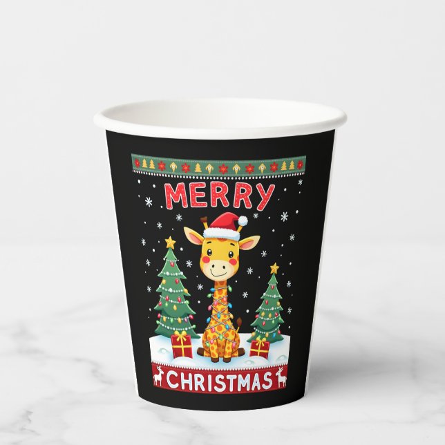 Giraffe Ugly Christmas Sweaters Funny Santa Hat Li Paper Cups (Front)