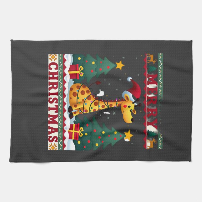 Giraffe Ugly Christmas Sweaters Funny Santa Hat Li Tea Towel (Horizontal)
