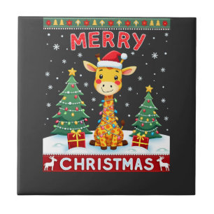 Giraffe Ugly Christmas Sweaters Funny Santa Hat Li Tile